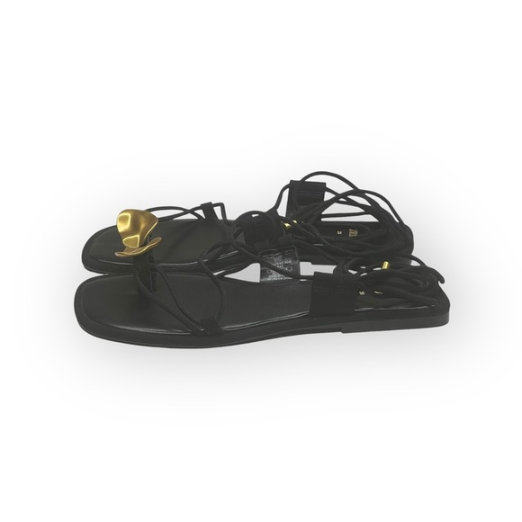 Deadstock: new Zara ❧ Embellished Flat Sandals ❧ Black Bright Gold Hardware ❧ 8M - Picture 7 of 16